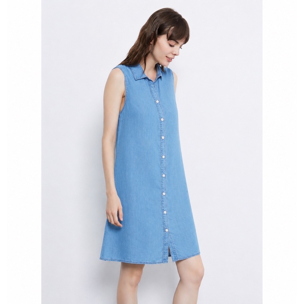 NWT Boutique Chambray Shirt Dress Womens Size‎ M Blue Sleeveless Button Down